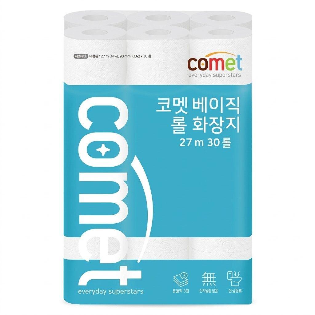 한국에서 많이 쓰는 데일리 화장지 – 코멧 베이직 롤 화장지 27m 30롤